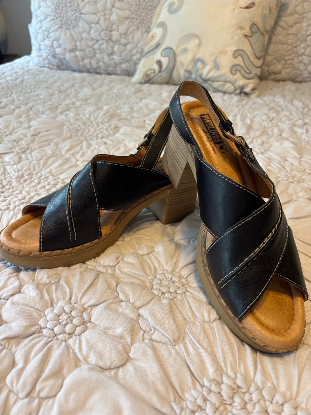 PIKOLINOS Black Leather Cross-Strap Block Heel Sandals